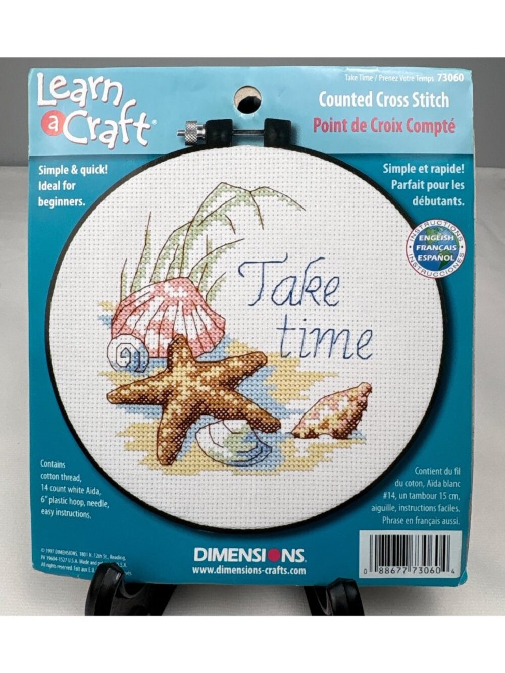 Learn A Craft Dimensions "Take Time" Seashell Cross Stitch Kit Beginners 6" Hoop